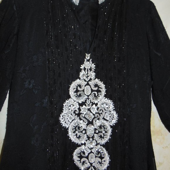 Ashraf Saleem Caftan Dress Long Black Kaftan Silver Embroidery Beads Sz S Hi Low - Picture 5 of 12